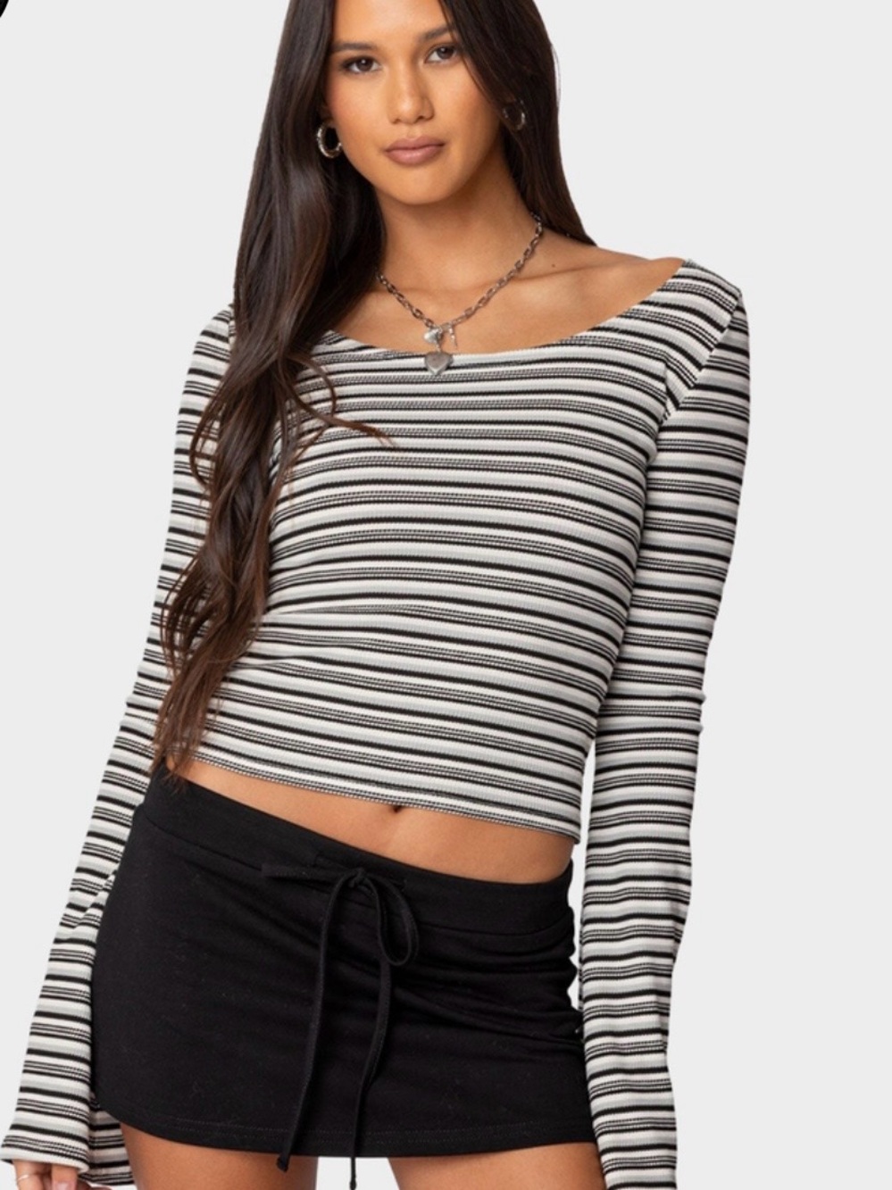 EDIKTED Lilia Striped Black, White & Gray Long Bell Sleeve crop Top size L